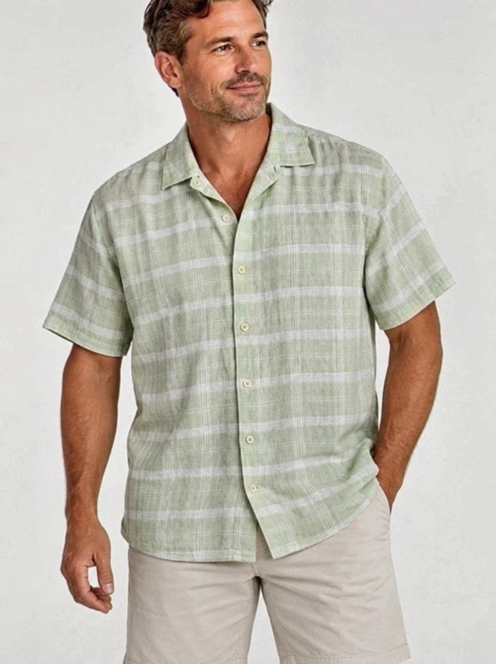 Tommy Bahama Men XL 100% Linen Shirt Green White Plaid Short Sleeve Resort
